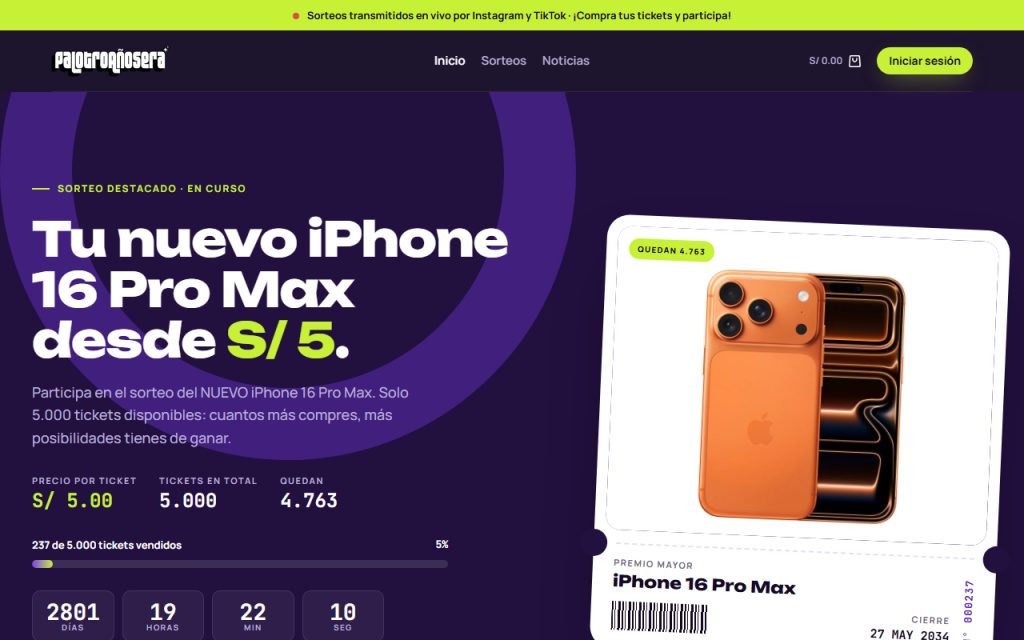Captura de la tienda de sorteos palotroañosera.com hecha por Peruanamente